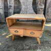upcycled wood small tv stand with rounded edges and two drawers