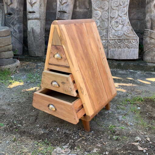 upcycled wood triangular three-drawer chest