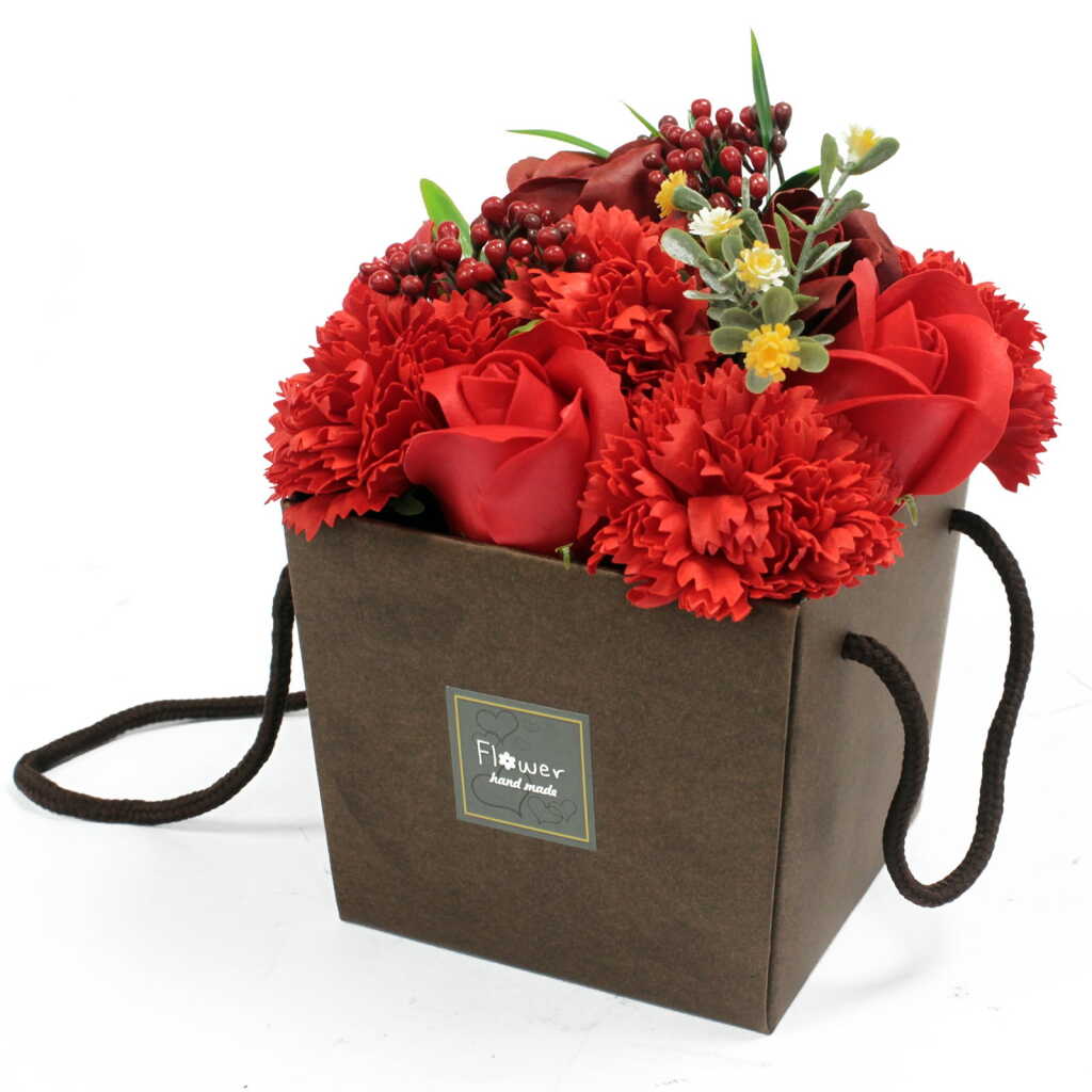 red rose and carnation soap flower bouquet in a presentation box