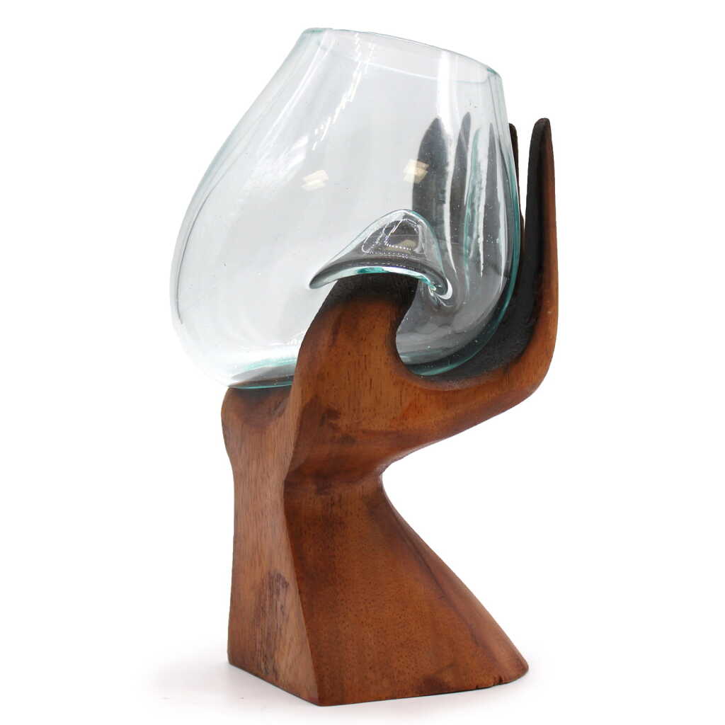 Molten glass on wood - carved hand with molten glass bowl