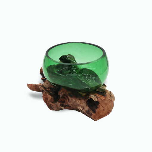 molten glass on wood vase using recycled beer bottles