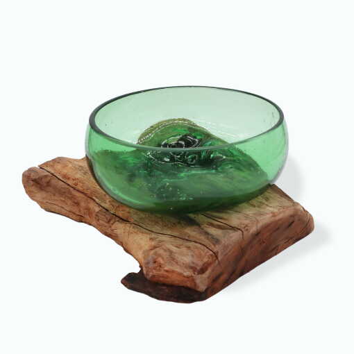 molten glass on wood vase using recycled beer bottles