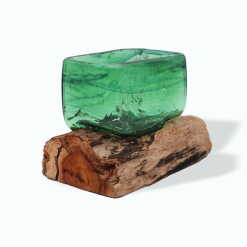 molten glass on wood bowl using recycled beer bottles