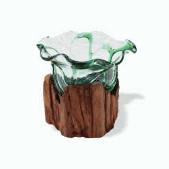 molten glass on wood sweet bowl using recycled beer bottles