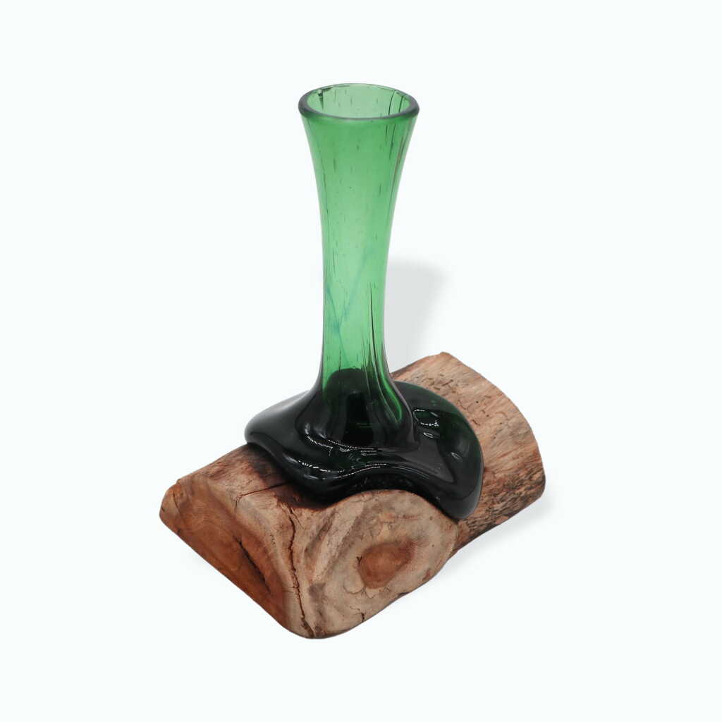 molten glass on wood vase using recycled beer bottles