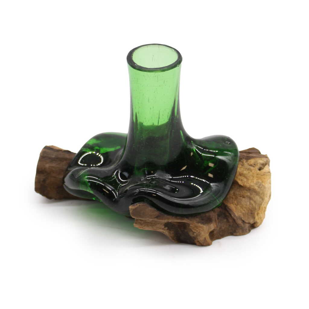 molten glass on wood vase using recycled beer bottles
