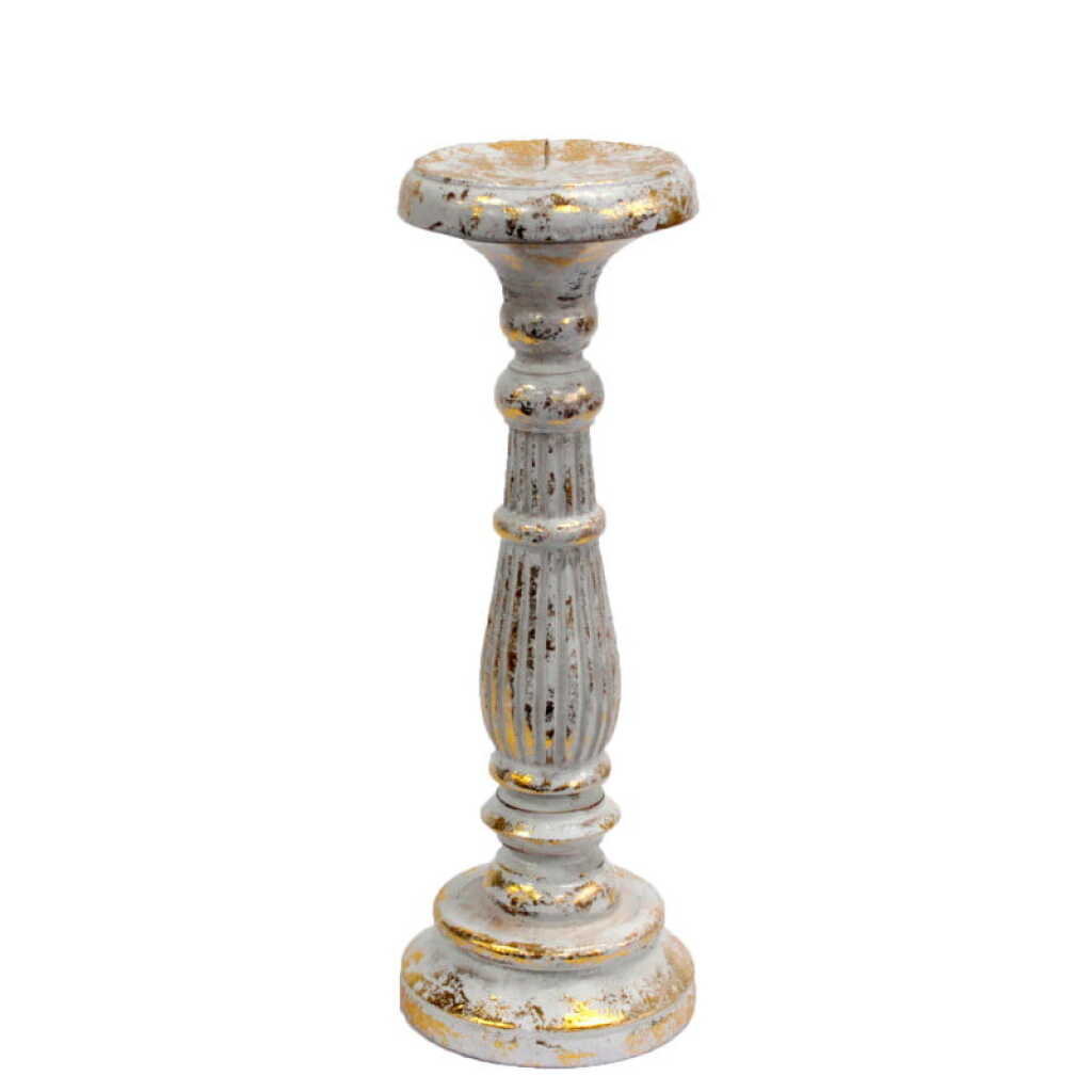 a medium candle stand in white and gold
