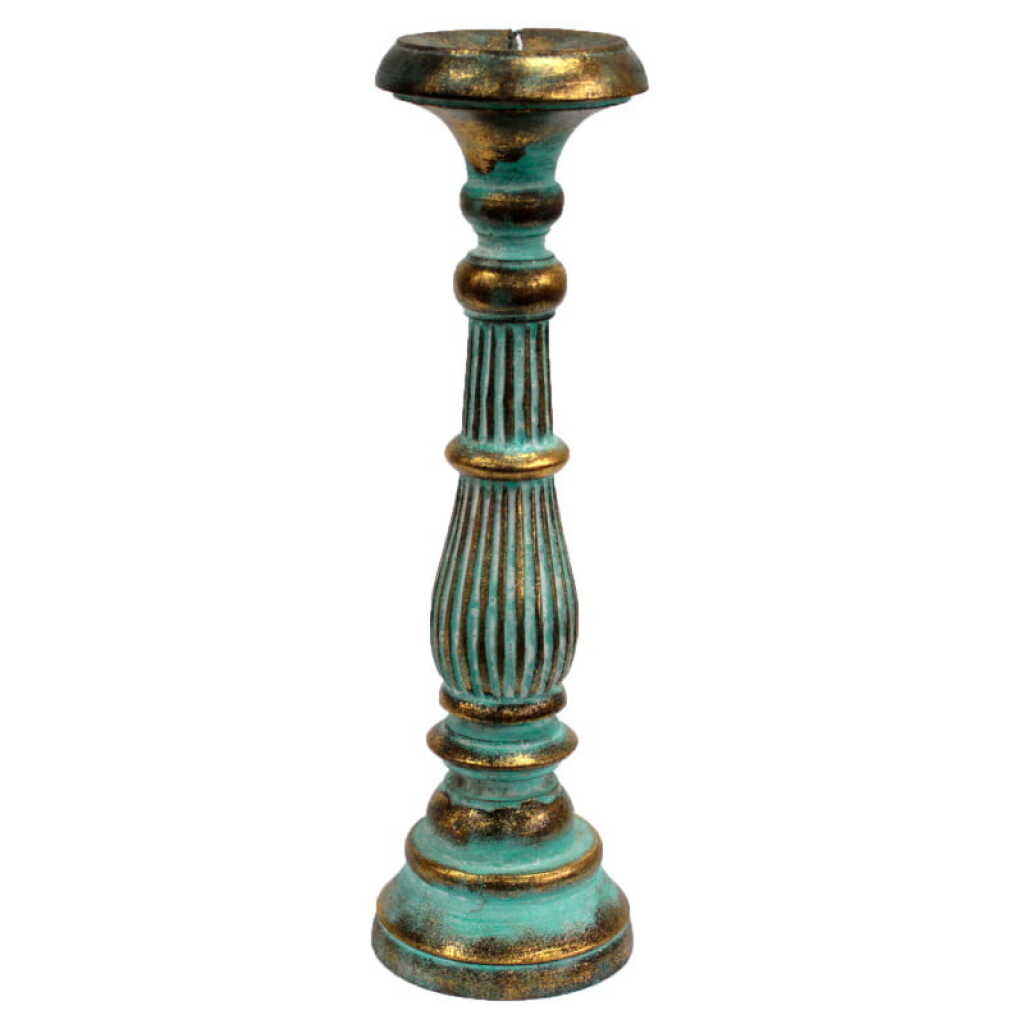 Hand-made albasia wood candle stand in green.