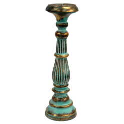Hand-made albasia wood candle stand in green.