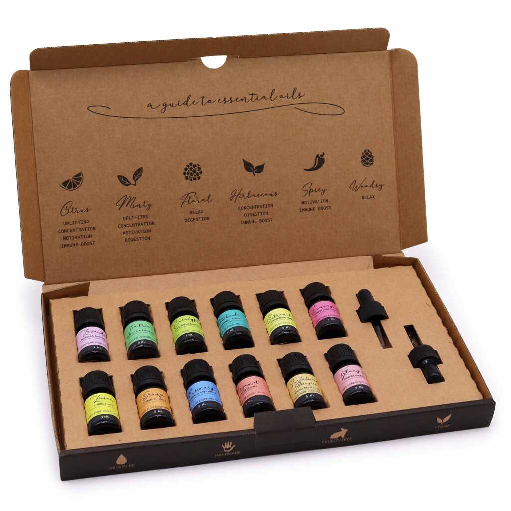 Aromatherapy Essential Oil Set of 12 oils and 2 droppers - top 12 oils
