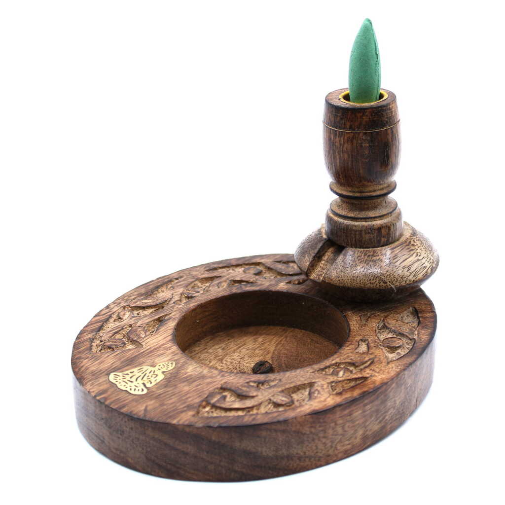 Mango Wood Backflow Incense Burner - Brass Buddha
