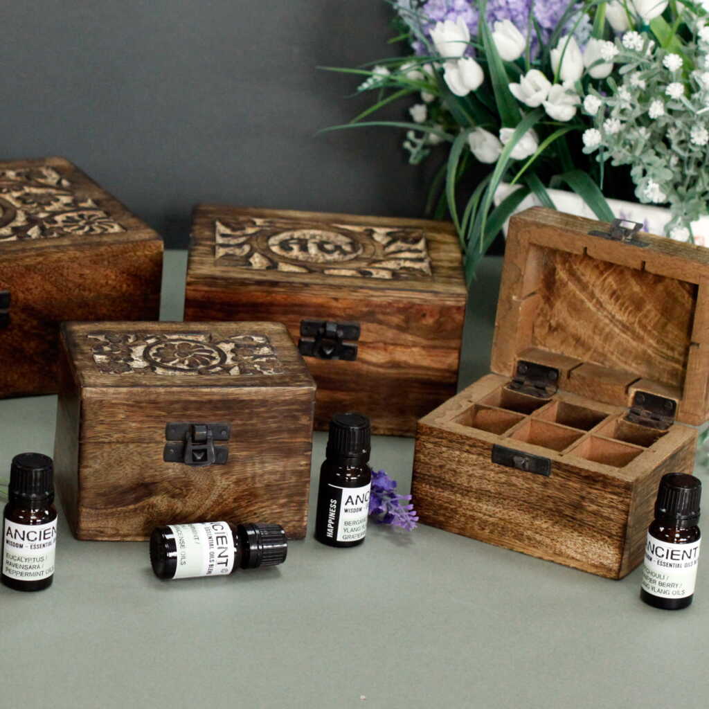 selection of mango wood aromatherapy boxes