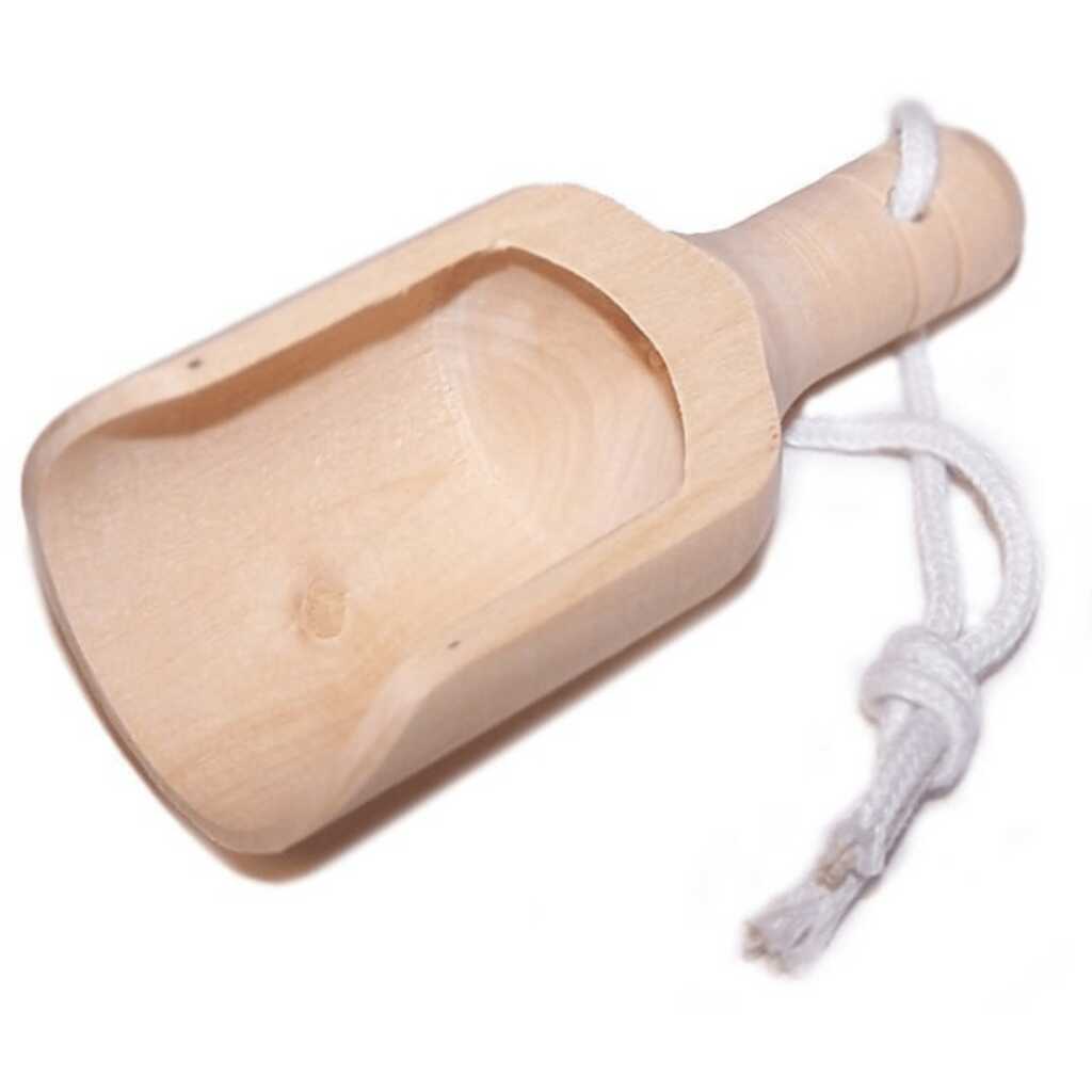 Mini wooden scoop for use with bath crystals and potions.