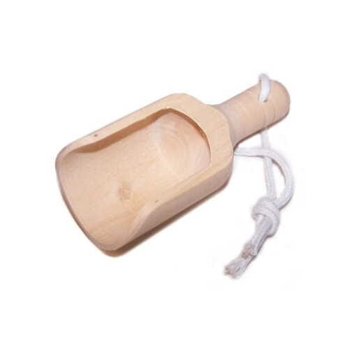 Mini wooden scoop for use with bath crystals and potions.