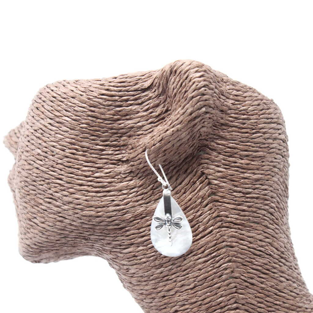 Silver and Shell Earring - Dragonflies on rattan dummy head