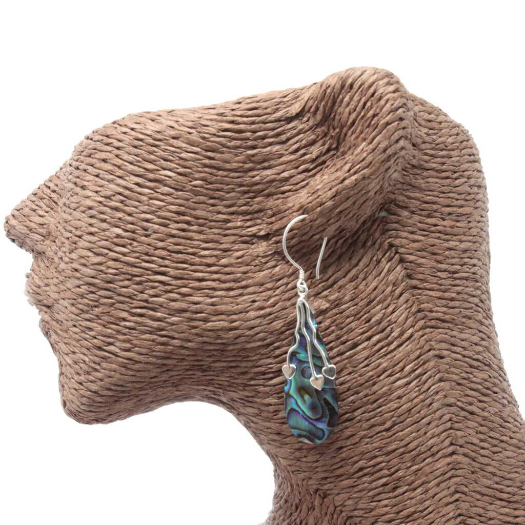 Silver and Shell Earring - Three Hearts on rattan dummy head