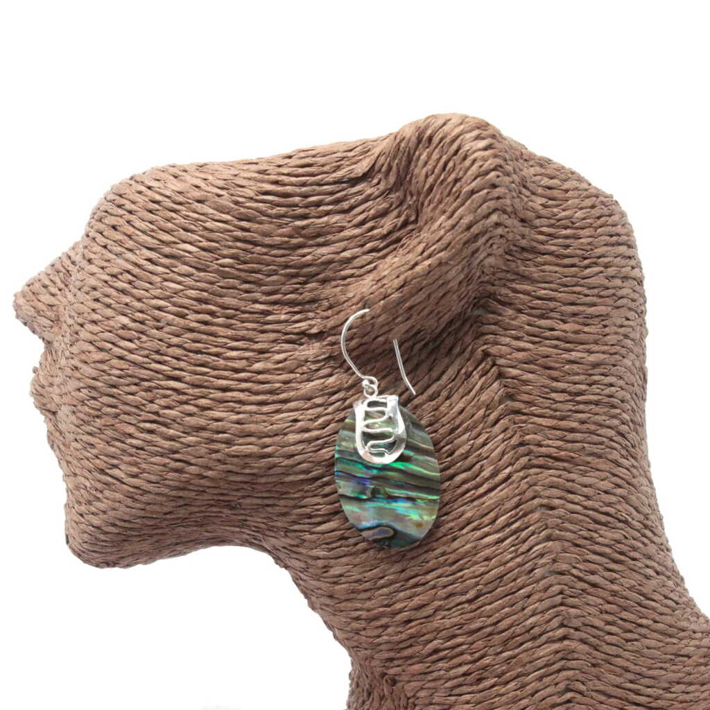 Silver and Shell Earring - Wavey Line on rattan dummy head