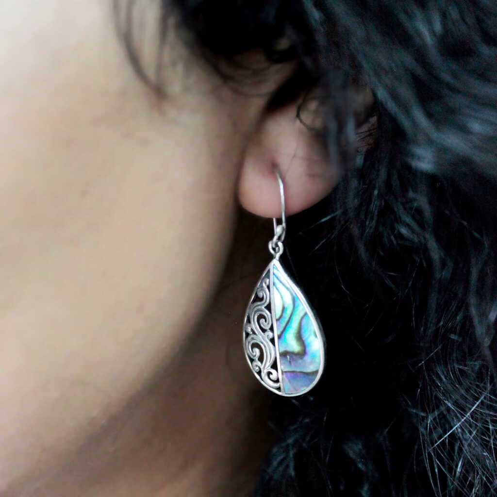 Silver and Shell Earrings - Teardrop - shown being worn