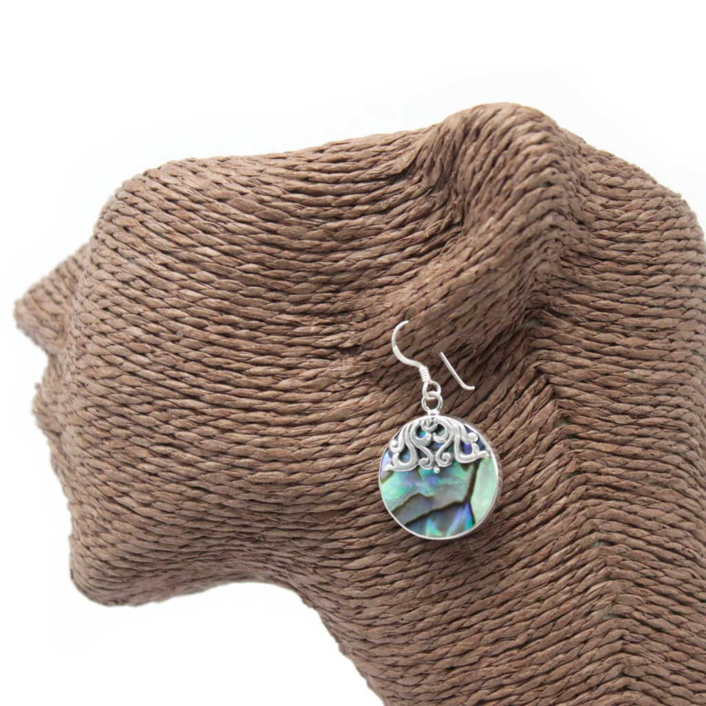 Silver and Shell Earring - Classic Disc on rattan dummy head