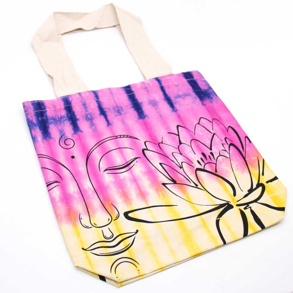 Tie-dye cotton bag with pink and yellow lotus design