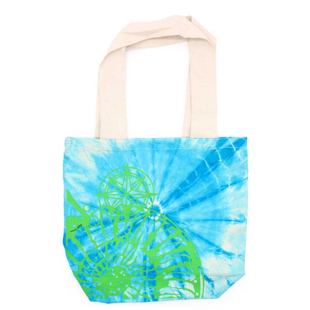 Tie-dye cotton bag with blue-green sea shell design