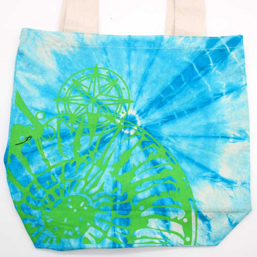 Tie-dye cotton bag with blue-green sea shell design