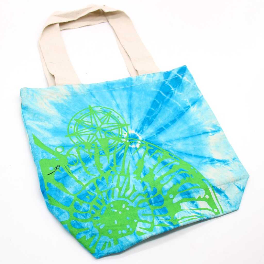 Tie-dye cotton bag with blue-green sea shell design