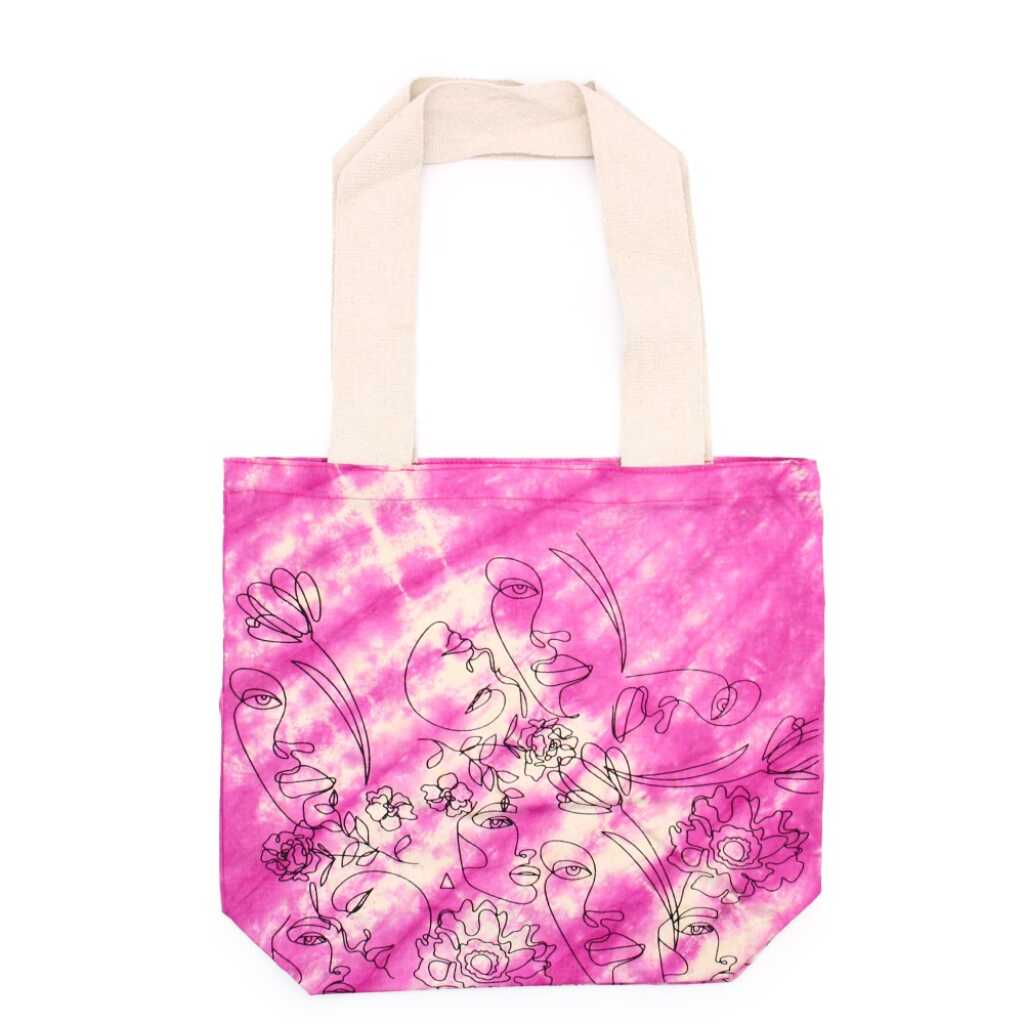 Tie-dye cotton bag with magenta pretty face design