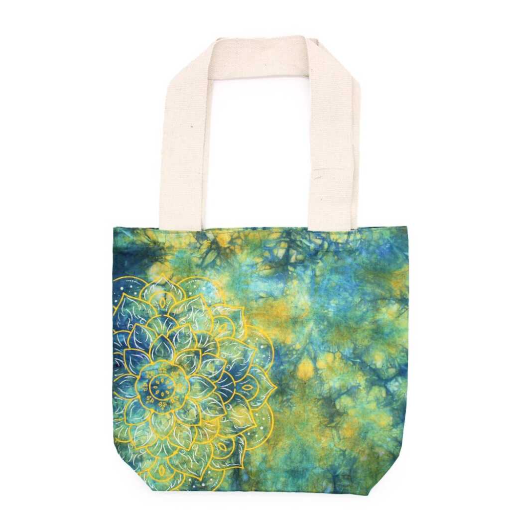 Tie-dye cotton bag with mandala design in green and blue