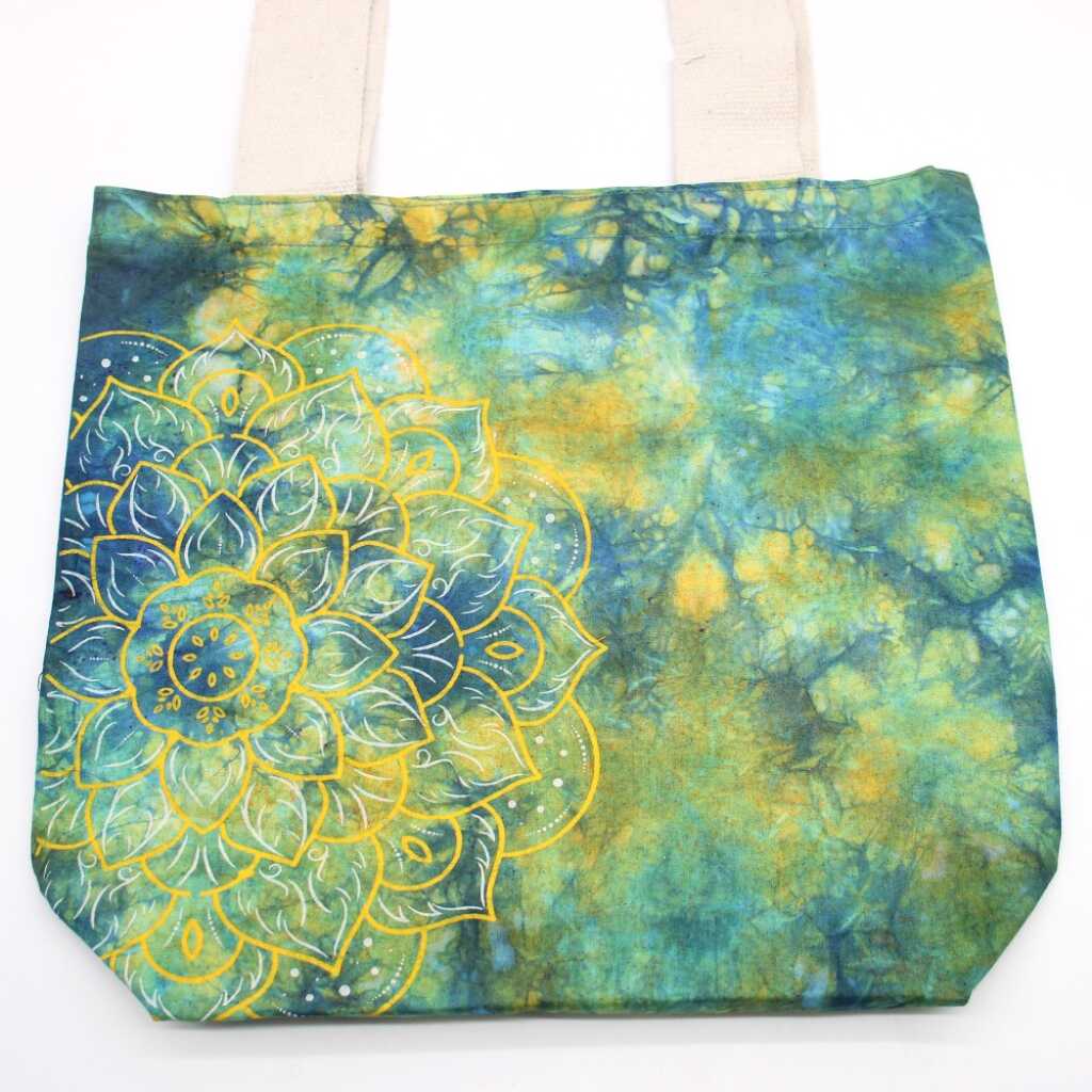 Tie-dye cotton bag with mandala design in green and blue