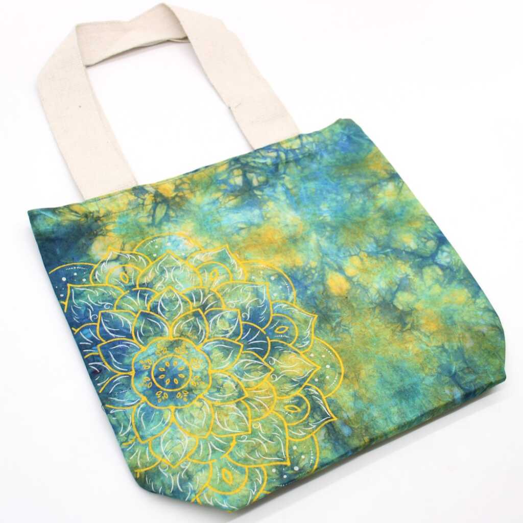 Tie-dye cotton bag with mandala design in green and blue