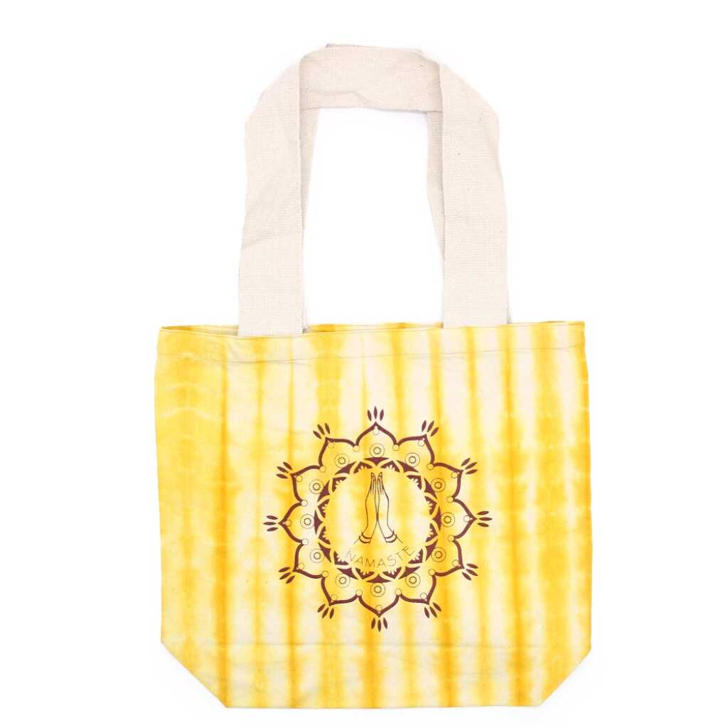 Tie-dye cotton bag with Namaste Hands design in yellow