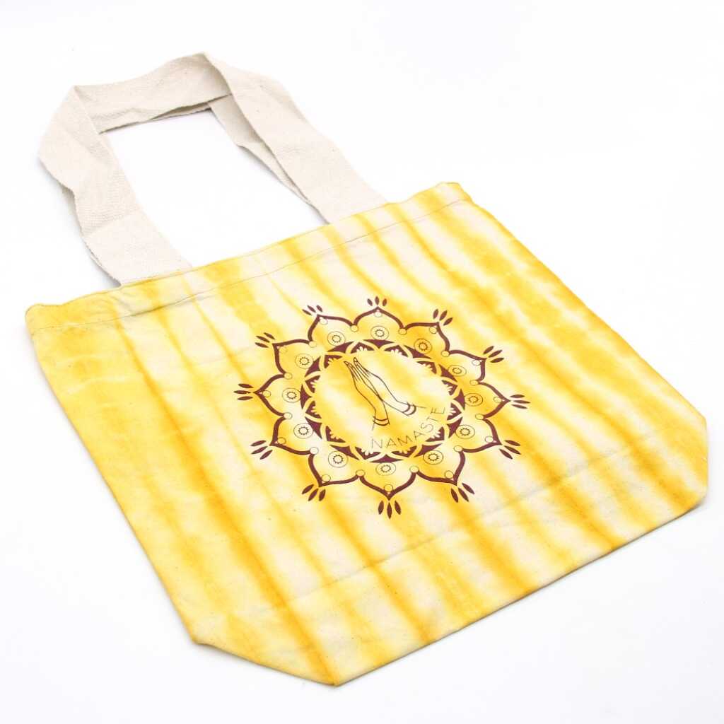 Tie-dye cotton bag with Namaste Hands design in yellow
