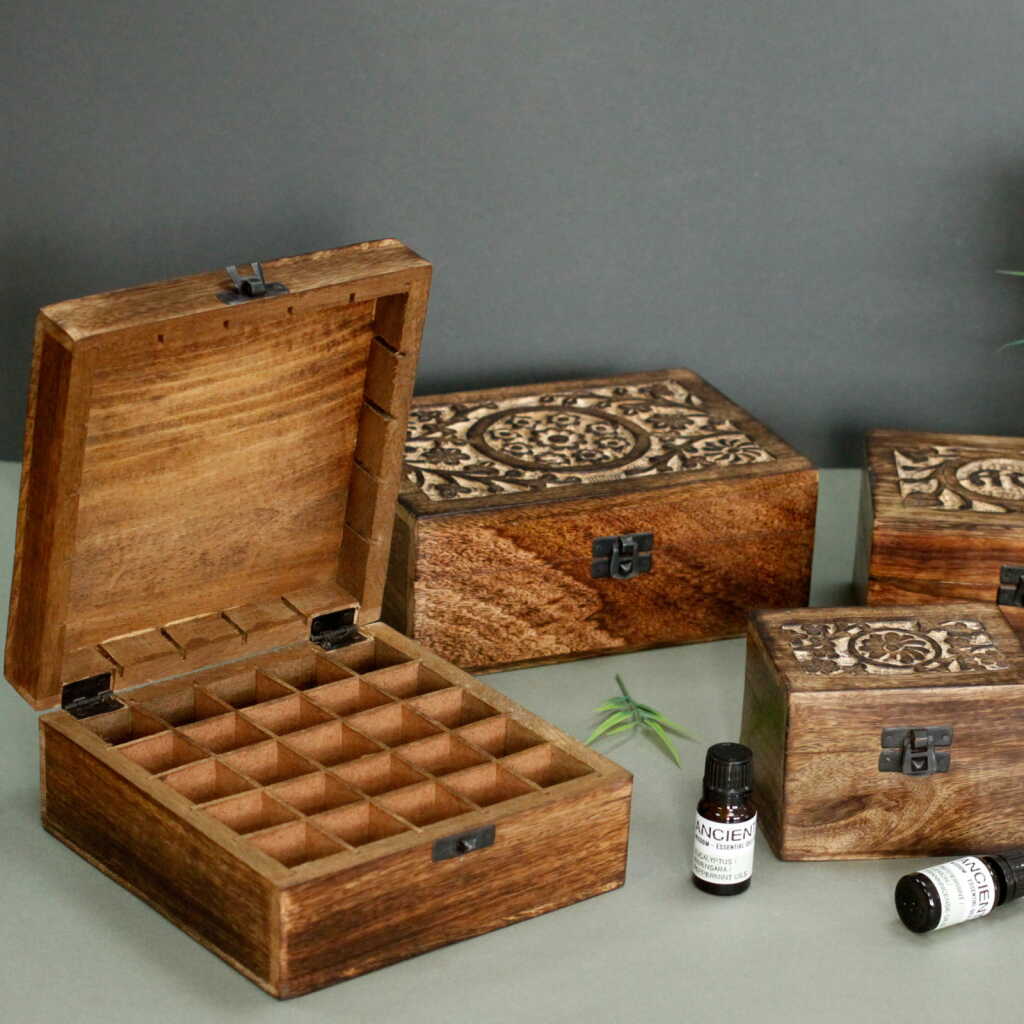 selection of mango wood aromatherapy boxes