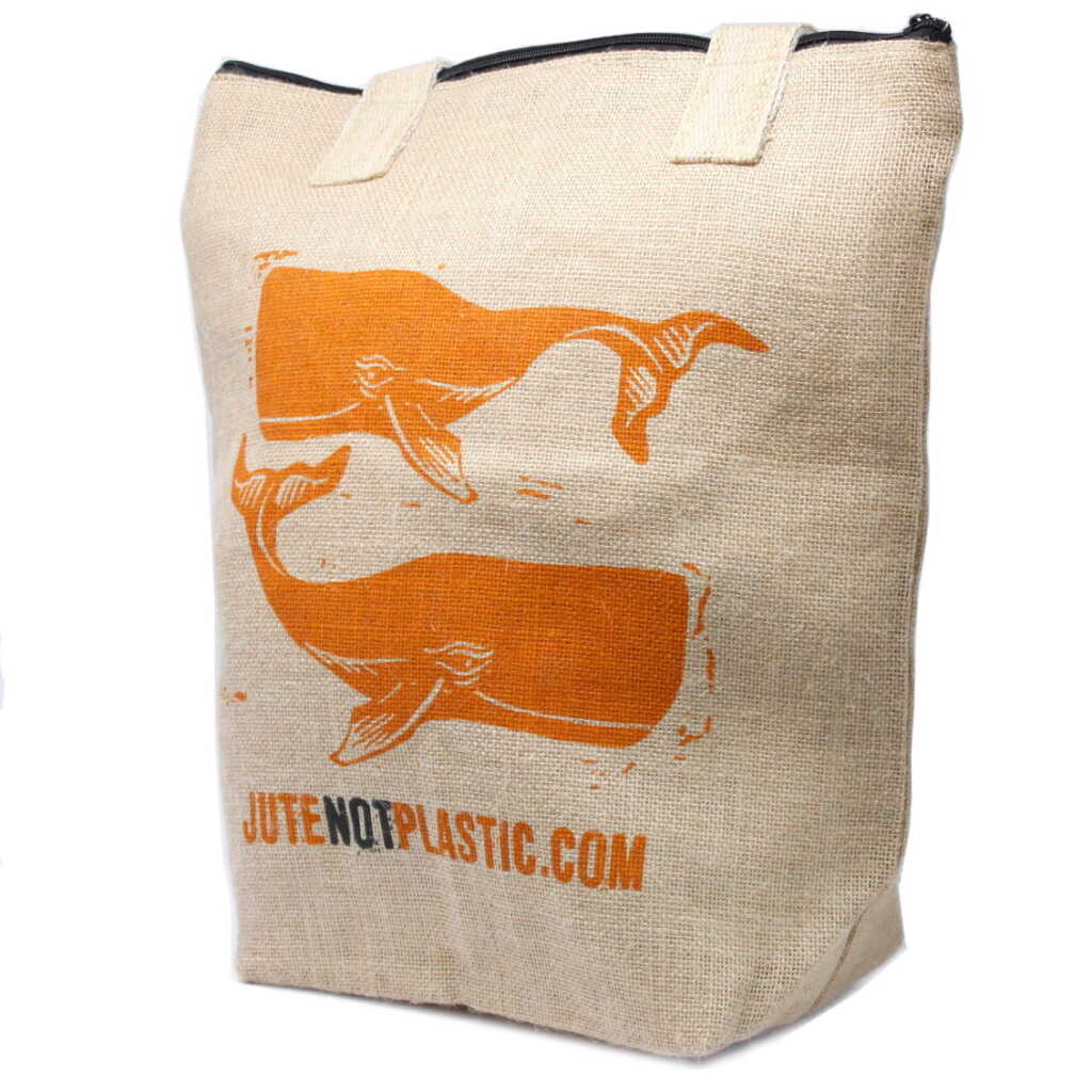 A jute bag - two whales logo