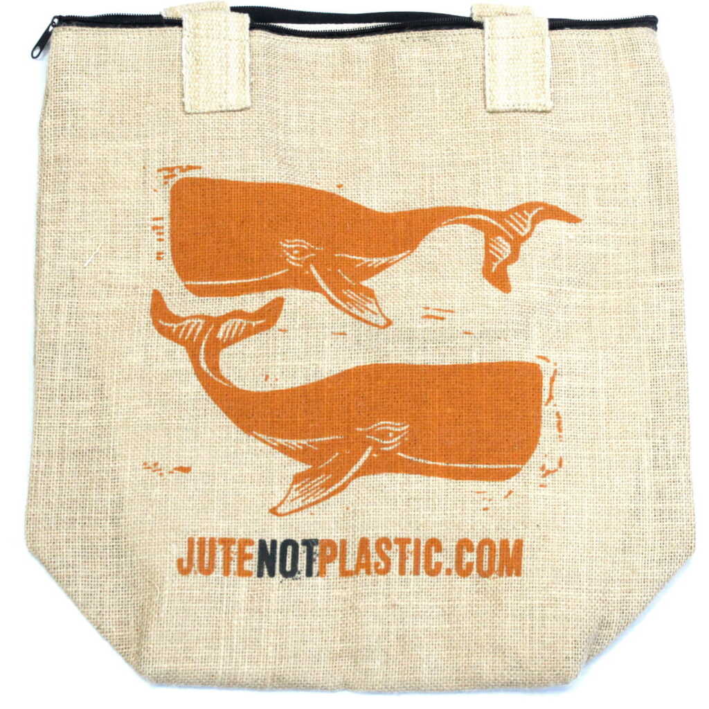 A jute bag - two whales logo - orange