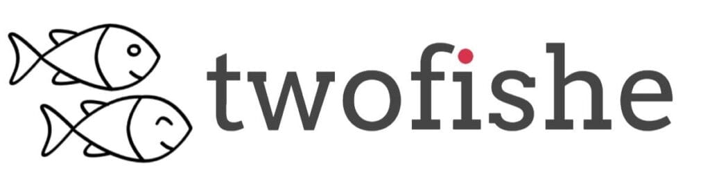 The twofishe logo showing two fish to the left of the word twofishe with a red dot over the i