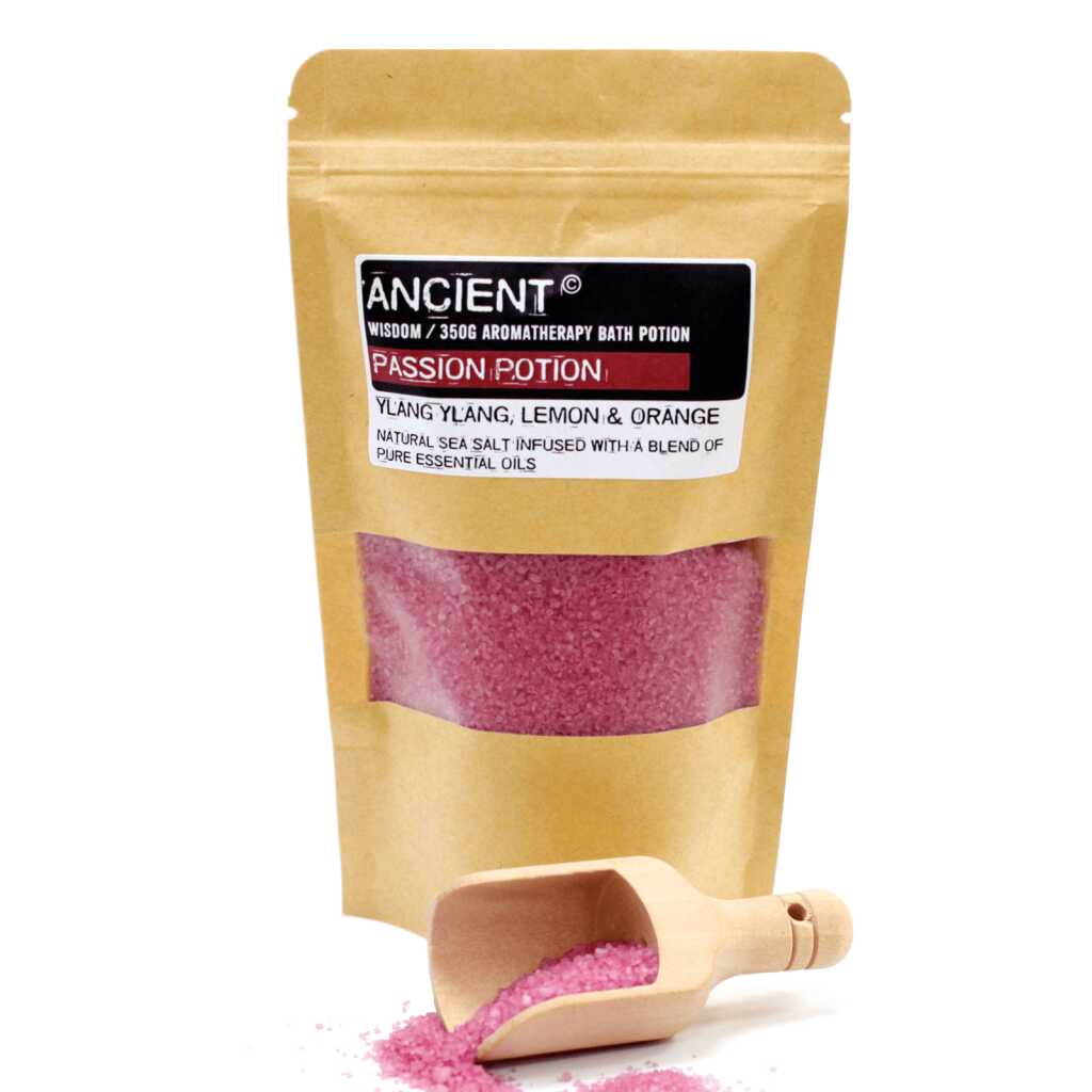 a 350g pack of plum coloured, Passion Aromatherapy Bath Potion