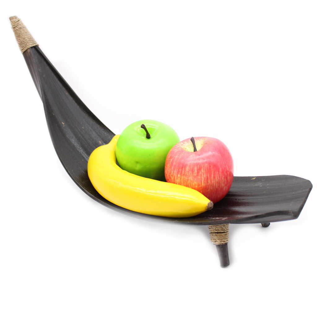chocolate coloured coconut leaf fruit bowl, with fruit