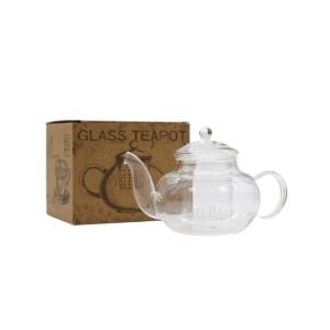 a glass infuser teapot with brown cardboard box