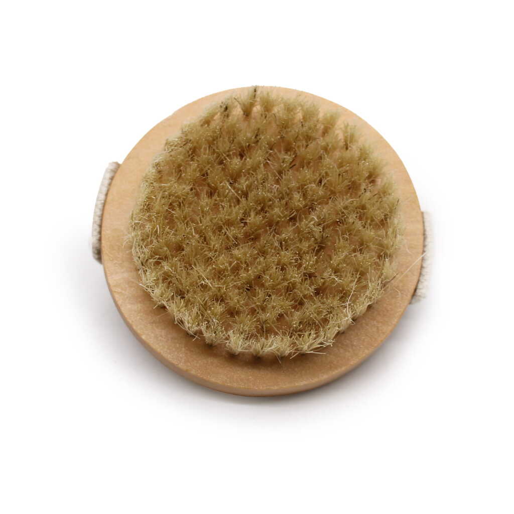 a hand held body scrub brush showing the bristles