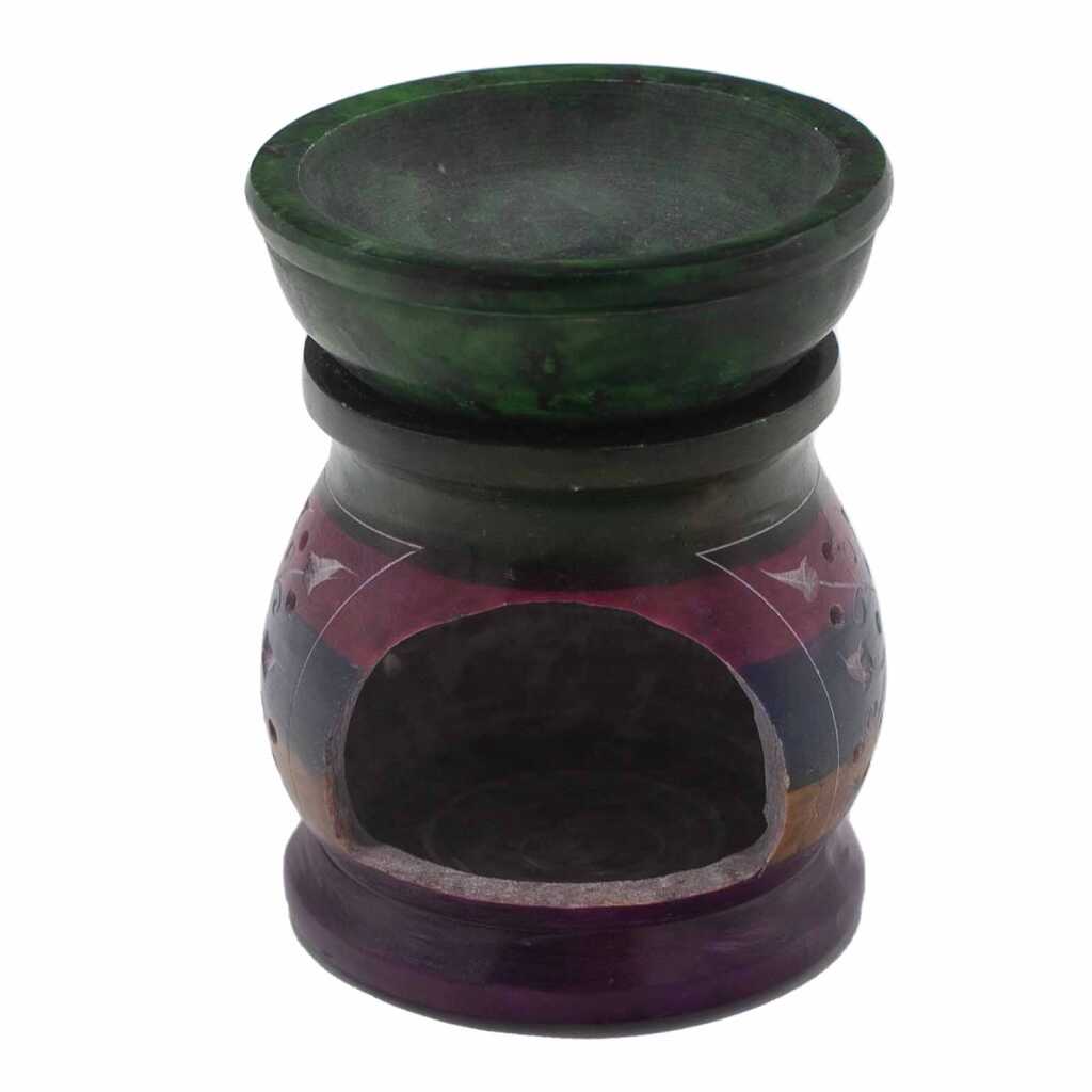 a five coloured soapstone oil burner with a flower of life design.