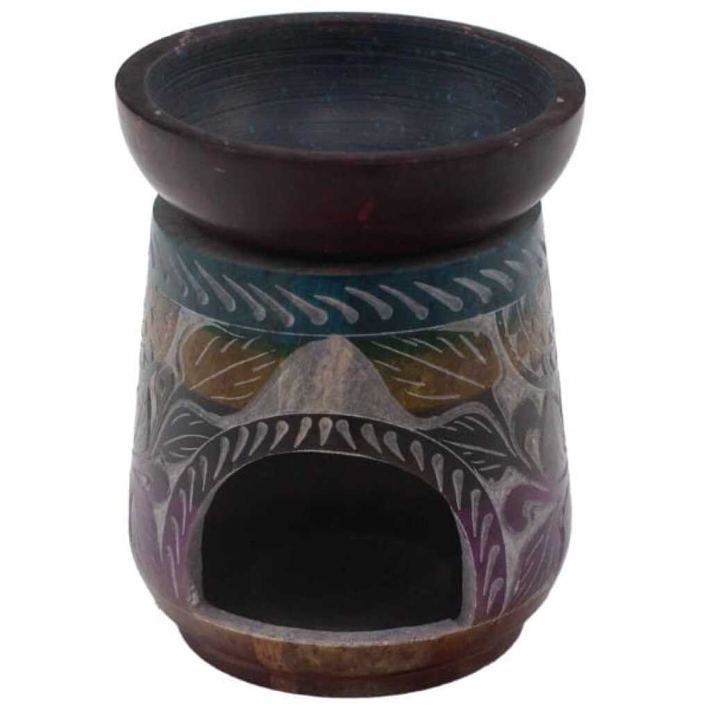 a five coloured soapstone oil burner with an elephant design.