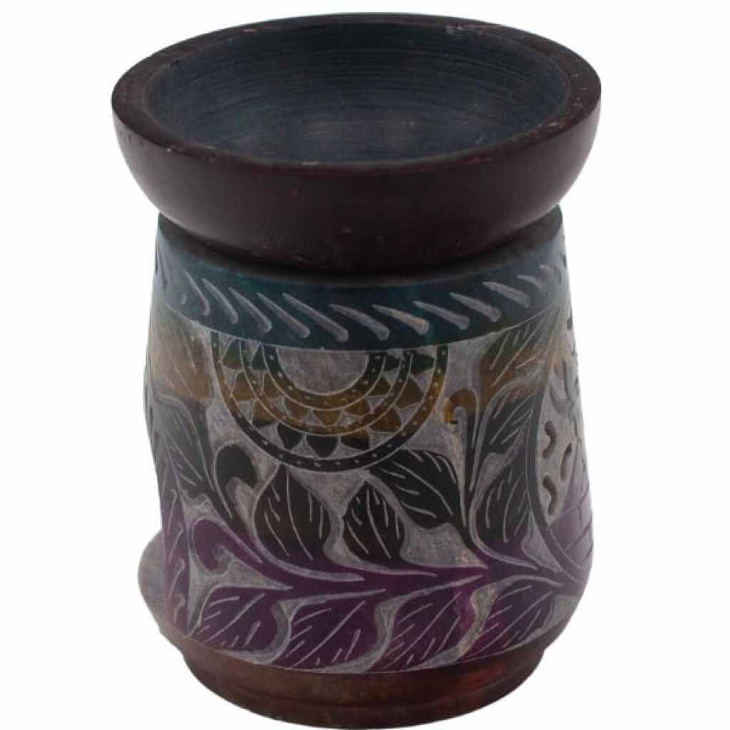 a five coloured soapstone oil burner with an elephant design.