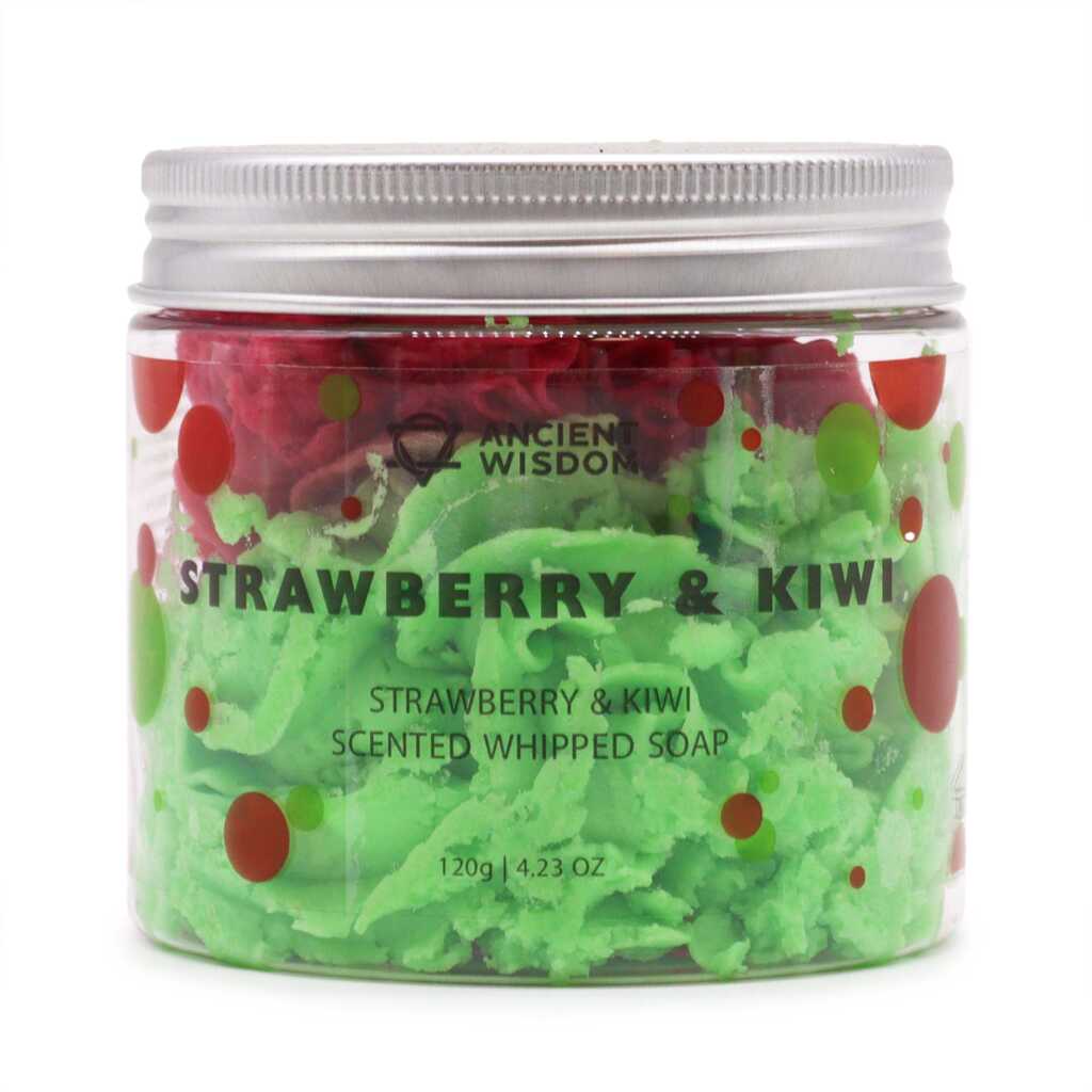 strawberry and Kiwi whipped soap - red and green - in a container