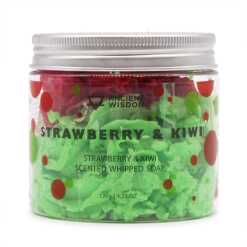 strawberry and Kiwi whipped soap - red and green - in a container