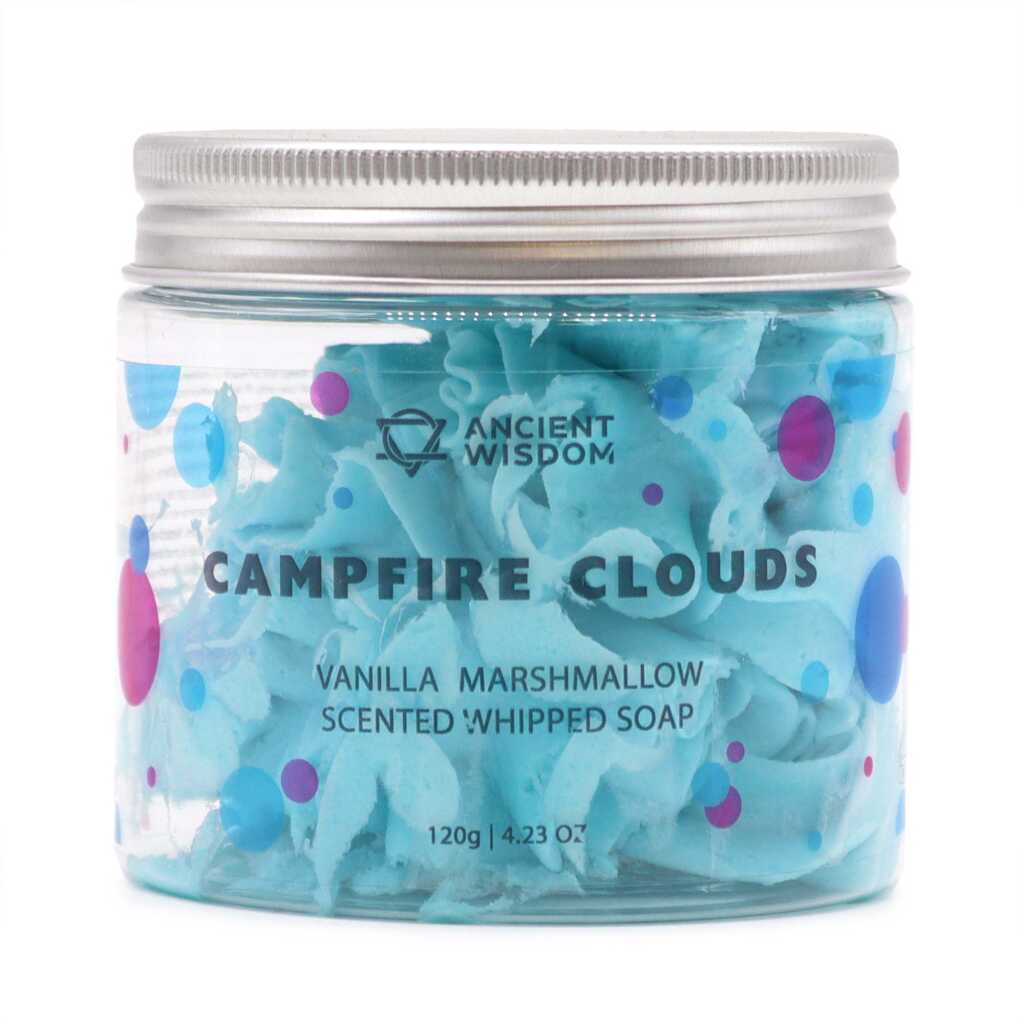 campfire clouds - vanilla marshmallow whipped soap - blue - in a container