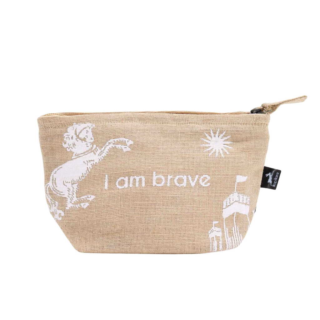 A jute pouch with the words "I am brave" written on the side.
