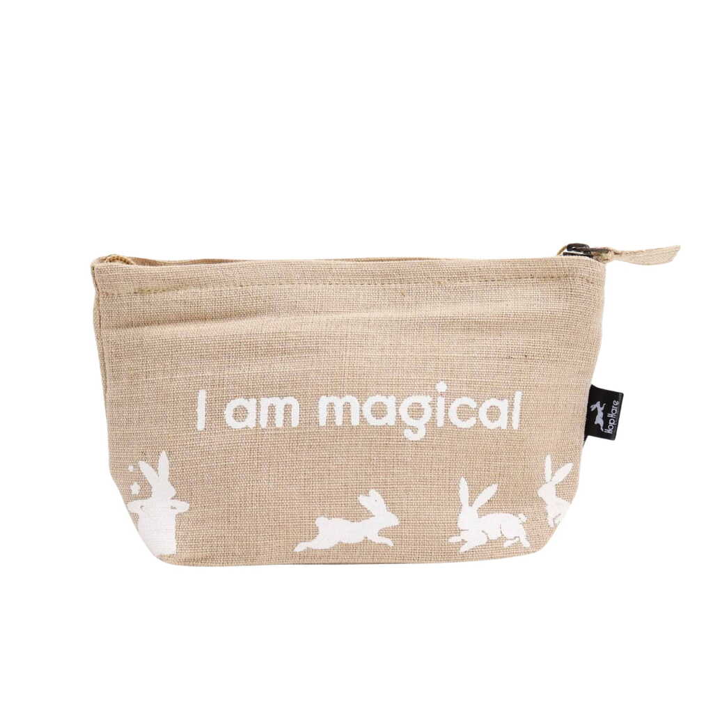 A jute pouch with the words "I am magical" written on the side.