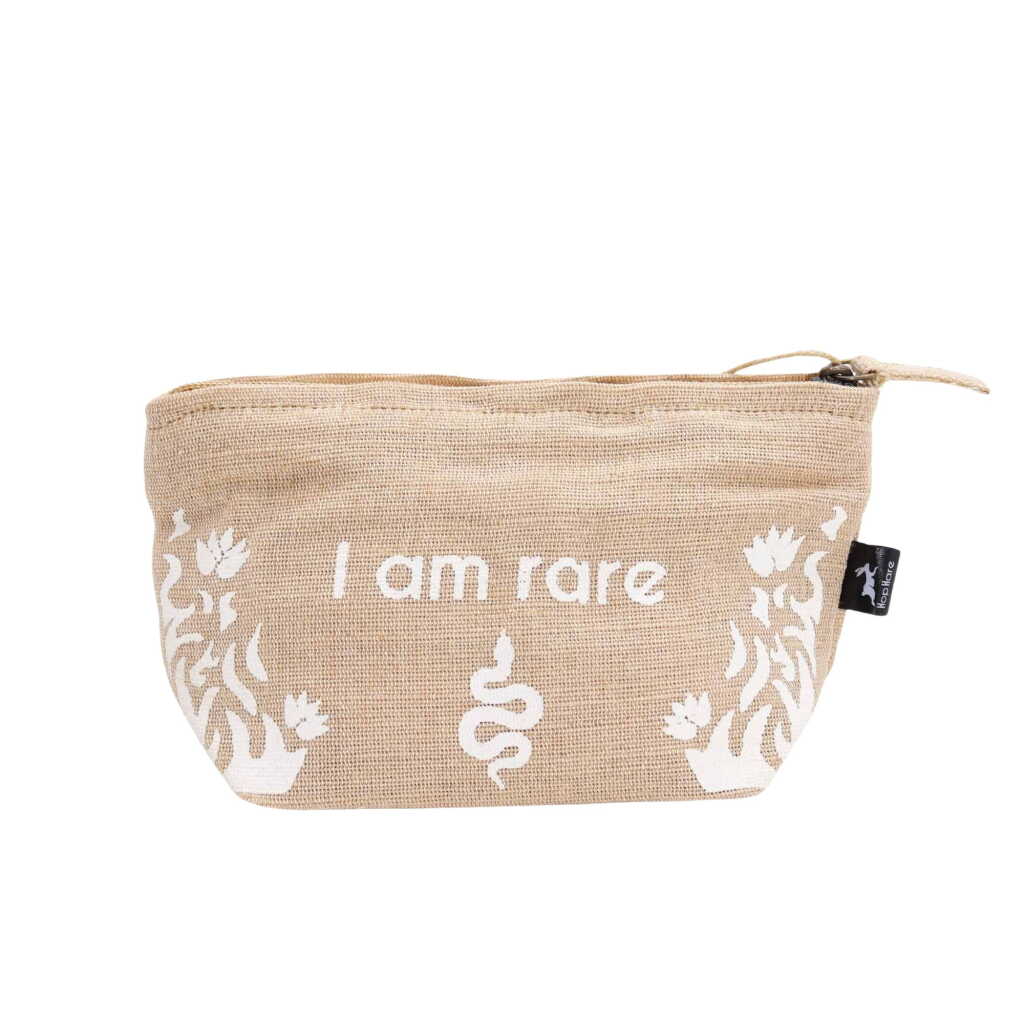 A jute pouch with the words "I am rare" written on the side.